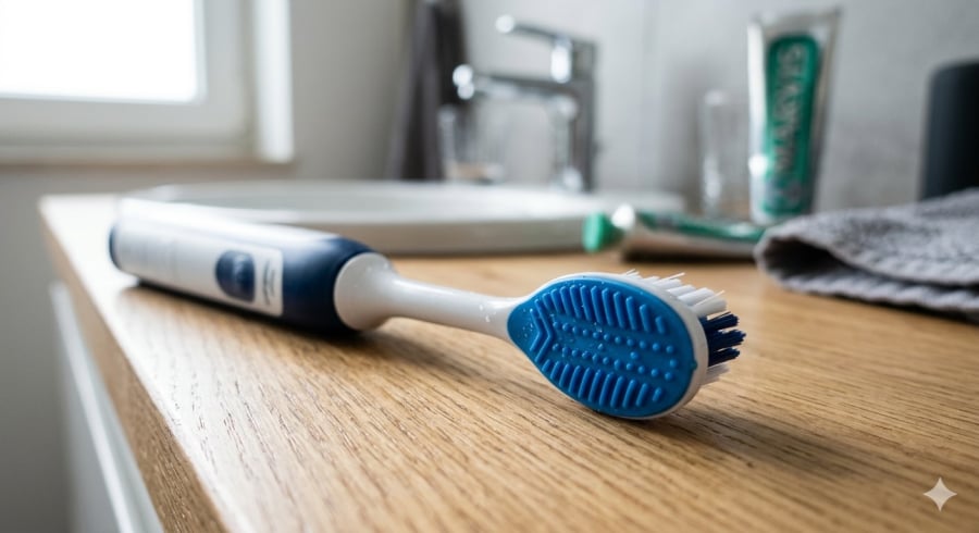 Lớp cao su phía sau đầu bàn chải được thiết kế để hỗ trợ vệ sinh lưỡi và khoang miệng.