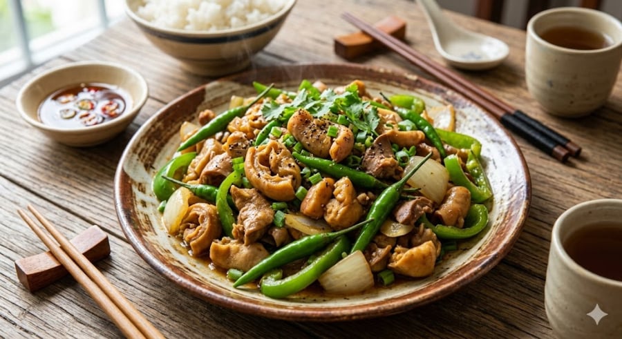 Nếu bạn thích ăn giòn, hãy thử xào lòng với ớt xanh và tỏi. Vị cay nhẹ của ớt và mùi thơm của tỏi sẽ làm bật lên độ ngọt tự nhiên của lòng lợn.