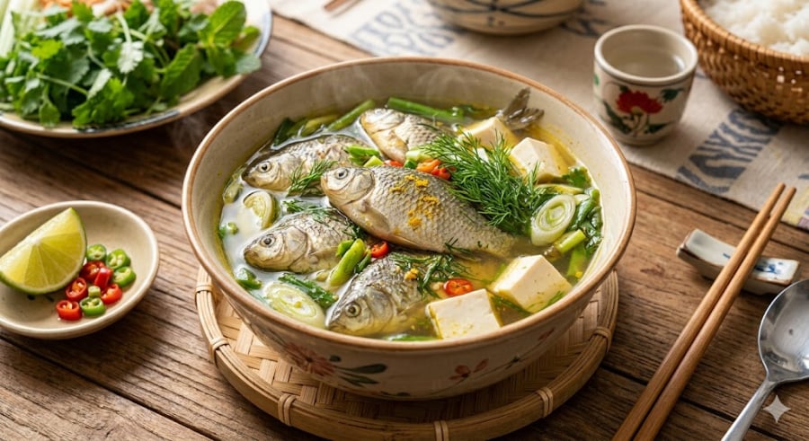 Cá sau khi chiên vàng, ninh cùng nước sôi tạo thành món canh trắng đục, ngọt thanh.