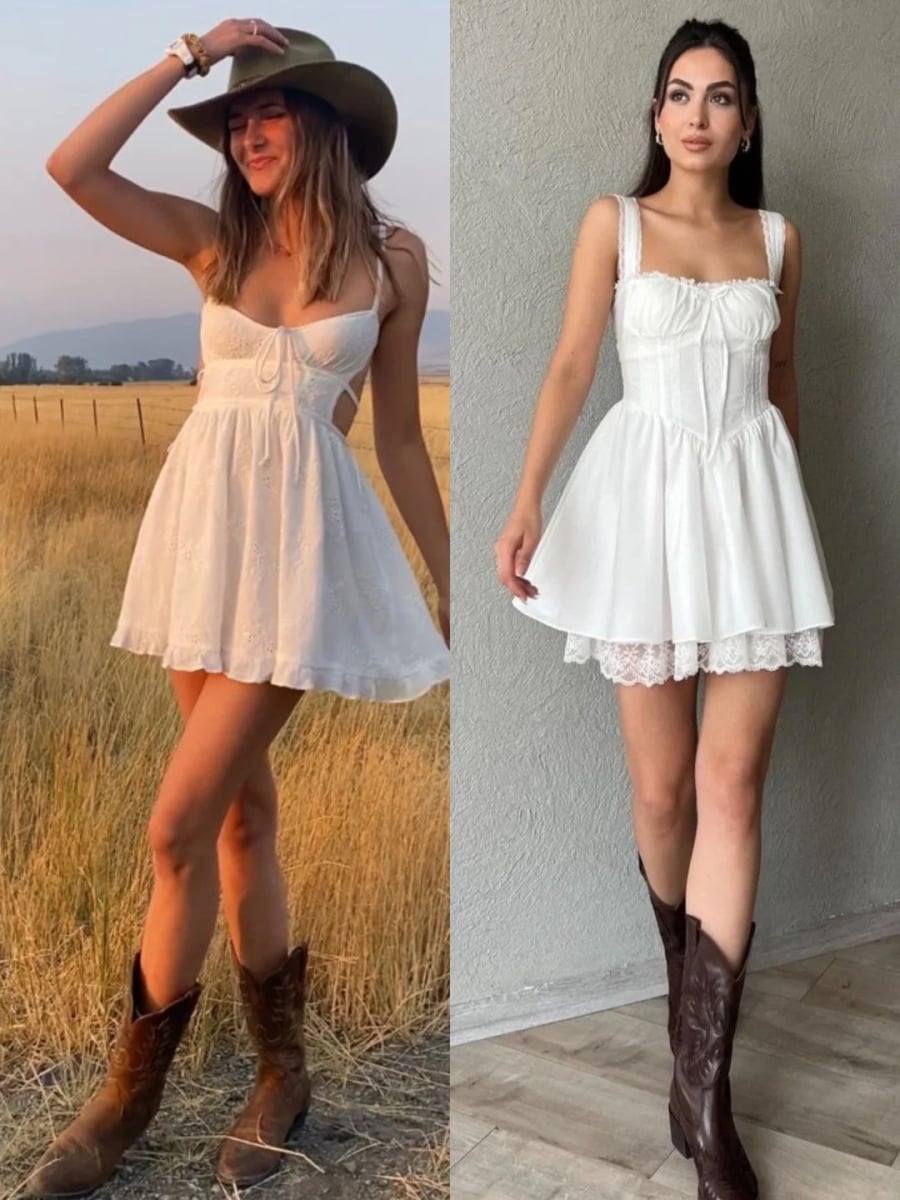 Đôi boots mang đậm hơi thở miền Tây nước Mỹ góp phần tạo nên sự tương phản thú vị cho tổng thể trang phục. 