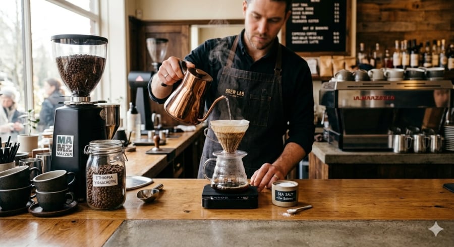Một số barista sử dụng lượng muối rất nhỏ để cân bằng hương vị, đặc biệt khi cà phê có vị đắng gắt do rang đậm hoặc chiết xuất quá mức.