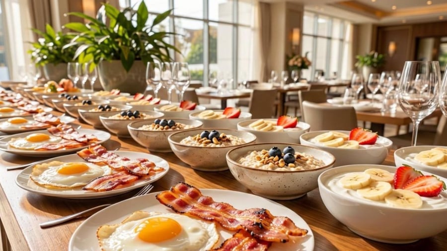 Buffet sáng cũng góp phần để lại ấn tượng tốt cho khách hàng về chất lượng dịch vụ của khách sạn.