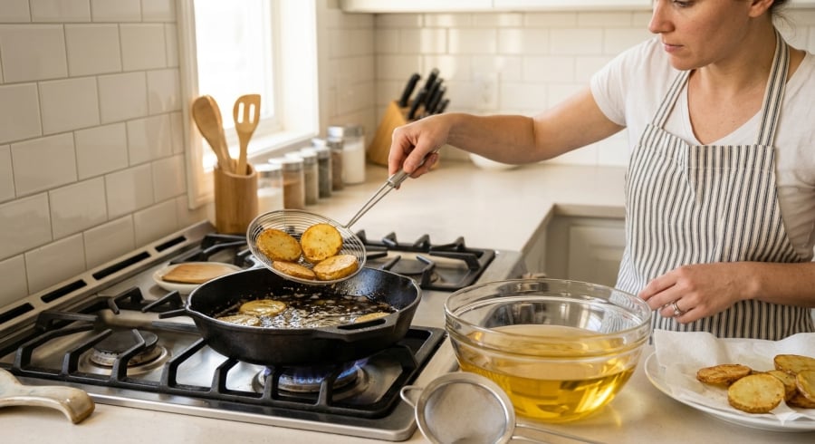 Mẹo dùng khoai tây chỉ hỗ trợ giảm cặn và mùi dầu cũ, không thể thay thế việc thay dầu mới khi dầu đã xuống cấp hoặc bị cháy nhiều.