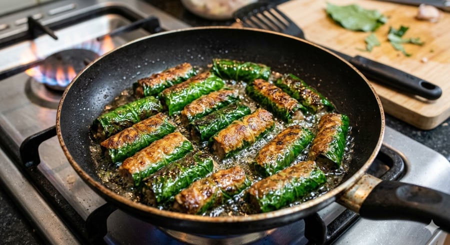 Rán ở nhiệt độ vừa phải là bí quyết giúp chả lá lốt vàng đều mà lớp lá vẫn giữ được màu xanh đẹp mắt.