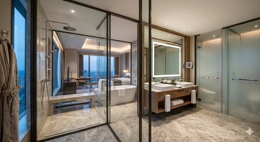 Thiết kế vách kính cho phép ánh sáng tự nhiên từ cửa sổ phòng ngủ xuyên thấu vào khu vực phòng tắm. 