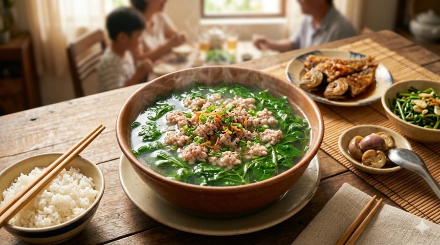 Canh rau ngót nấu thịt thanh ngọt, món ăn quen thuộc nhưng luôn khiến bữa cơm thêm tròn vị.