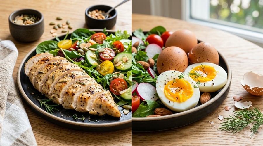 Thịt gà và trứng gà đều là nguồn protein chất lượng cao, phù hợp với chế độ ăn lành mạnh.