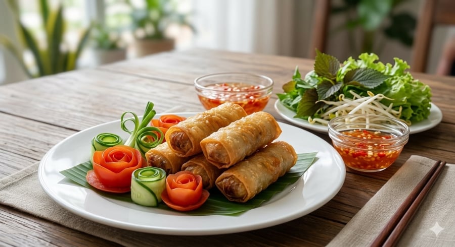 Nem rán vàng đều, giòn rụm sẽ hấp dẫn hơn khi áp dụng đúng kỹ thuật cuốn và chiên.