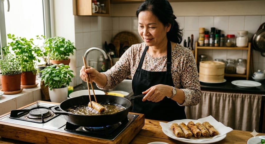 Kiểm soát nhiệt độ dầu là một trong những yếu tố quan trọng giúp nem chín đều, không bị bục vỏ và giữ được độ giòn lâu.