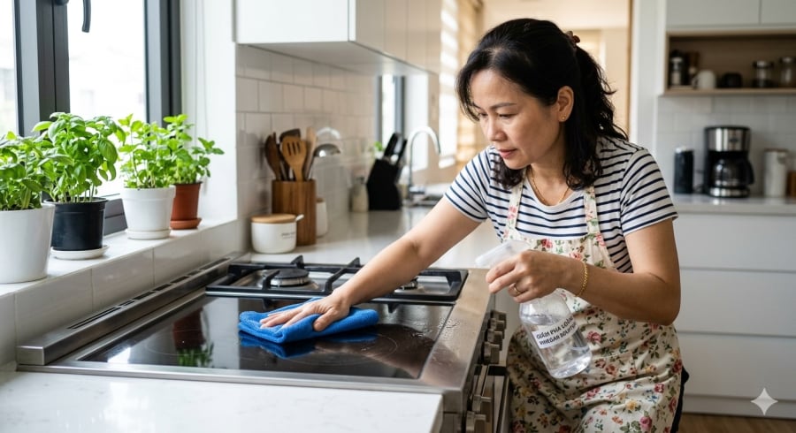 Giấm pha loãng có thể hỗ trợ làm sạch nhiều vết dầu mỡ và cặn bẩn thông thường trong nhà bếp.