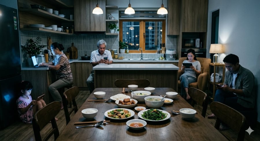 Nhịp sống bận rộn và thiết bị công nghệ khiến nhiều gia đình ngày càng khó duy trì những bữa cơm đông đủ.