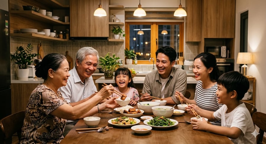 Bữa cơm gia đình không chỉ là lúc thưởng thức món ăn mà còn là khoảng thời gian quý giá để các thành viên kết nối và sẻ chia.