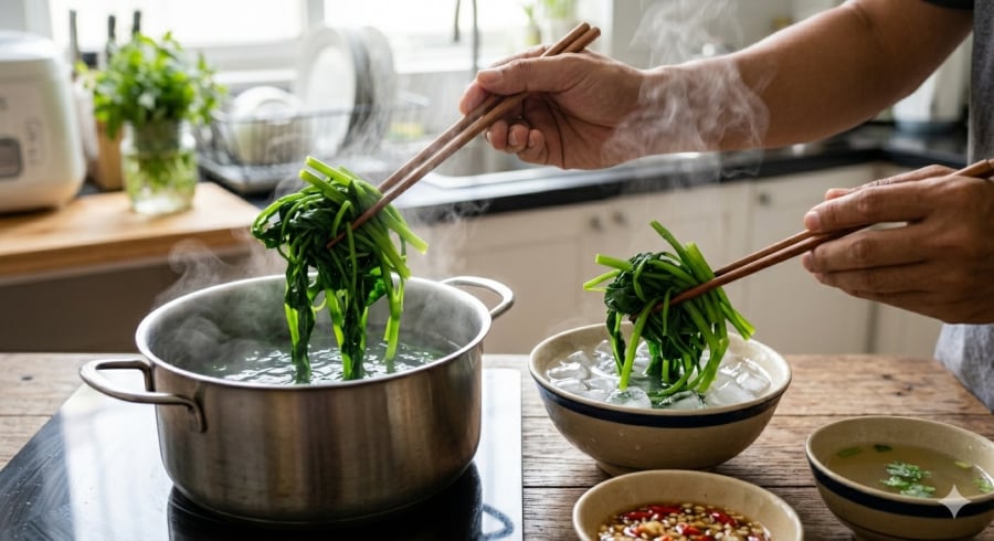 Ngâm rau vào nước lạnh ngay sau khi luộc là mẹo đơn giản giúp giữ màu xanh và độ giòn của rau.