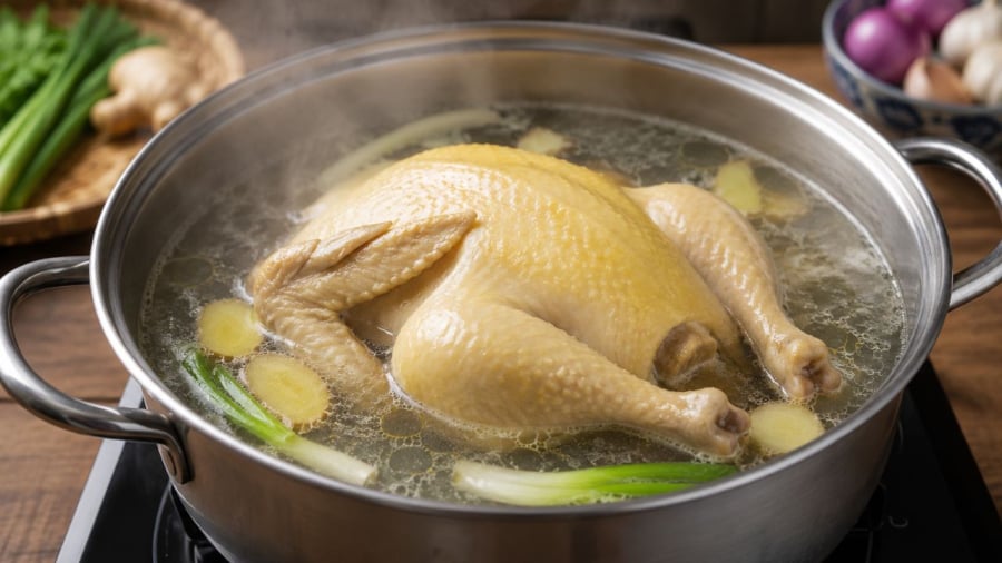 Không nên luộc nước sôi lớn sẽ làm chín không đều, gà rách da