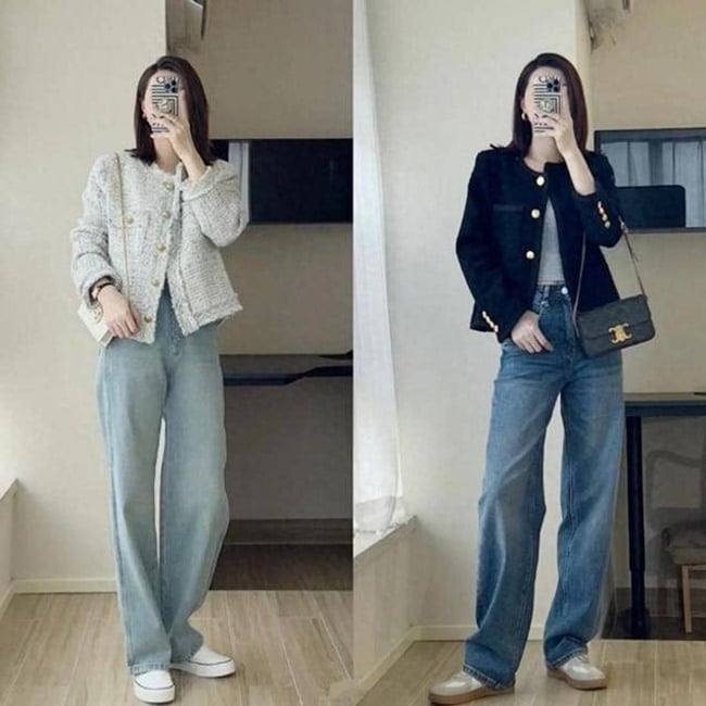  Những mẫu áo khoác ngắn bằng vải tweed, kaki hoặc cotton đều dễ dàng kết hợp với quần jeans ống rộng.