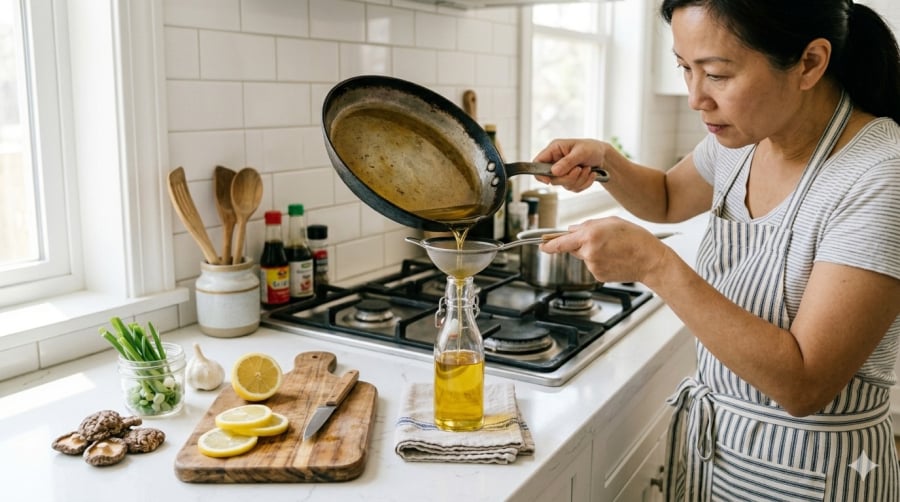 Sau khi lọc sạch cặn, dầu ăn còn tốt có thể được bảo quản đúng cách để tái sử dụng trong thời gian ngắn, giúp hạn chế lãng phí mà vẫn đảm bảo an toàn.