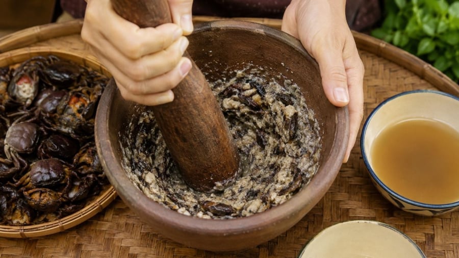 Khi giã cua đồng, nhiều người có thói quen cho thêm một chút muối vào ngay từ đầu