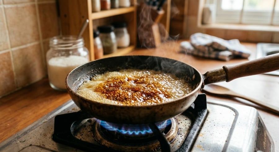 Chỉ cần canh đúng thời điểm chuyển màu, bạn đã có nước hàng chuẩn cho món cá kho thơm ngon, không đắng.
