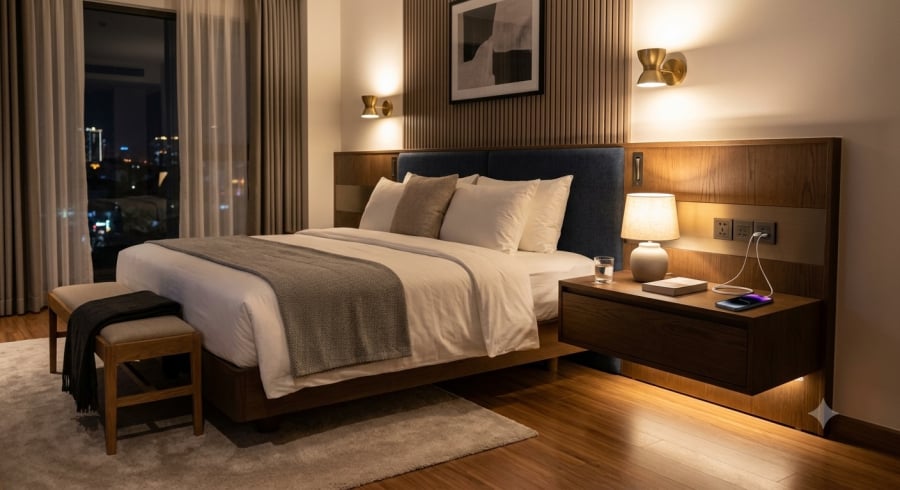 Tiện nghi nhỏ – trải nghiệm lớn: ổ cắm ngay cạnh giường giúp mọi kết nối luôn trong tầm tay.