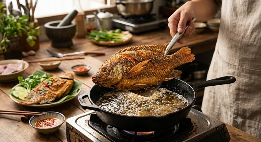 Kẻ thù số một gây ra hiện tượng bắn dầu chính là nước. Khi miếng cá còn ướt, nước gặp dầu nóng sẽ sôi lên và bắn ra ngoài.    