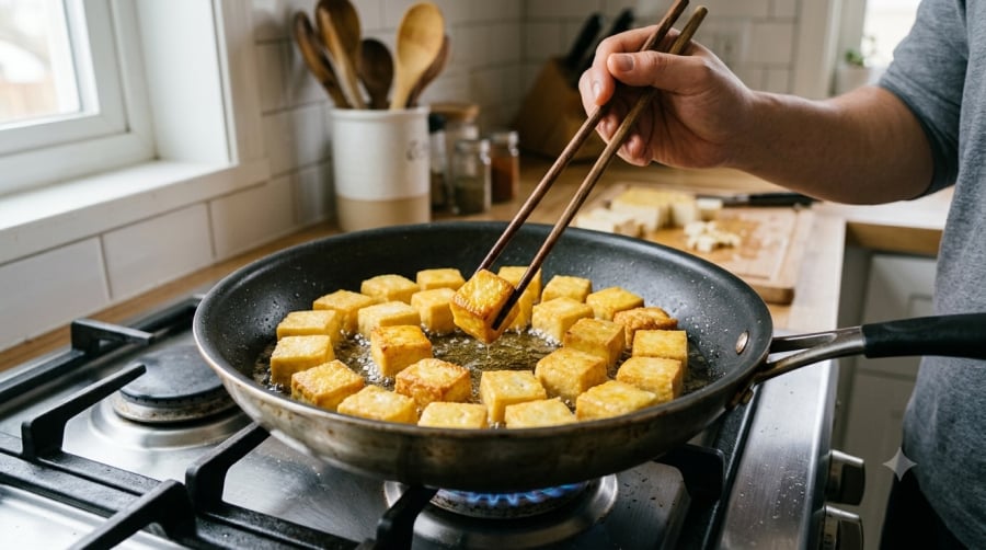 Chiên đậu khi dầu đã đủ nóng và chỉ lật khi một mặt đã vàng giúp miếng đậu giữ nguyên hình, hạn chế dính chảo.