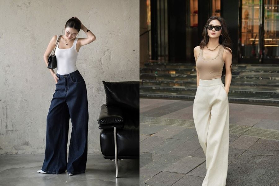 Không chỉ phù hợp để dạo phố, công thức áo ba lỗ hoặc áo thun phối quần ống rộng còn có thể linh hoạt theo từng dịp. 