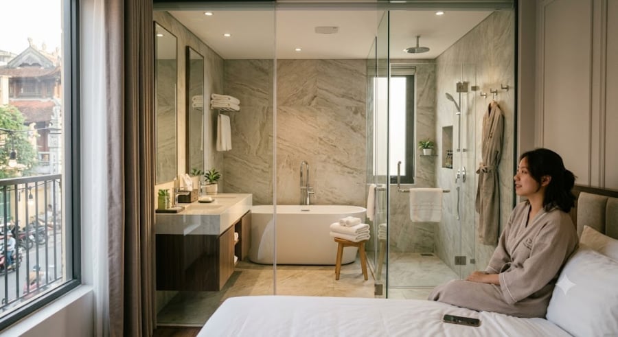 Nhiều phòng tắm khách sạn được thiết kế nằm ở phía trong, không có cửa sổ trực tiếp ra bên ngoài. 