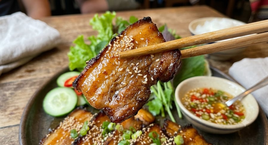 Miếng thịt mềm, đậm đà, giữ được độ mọng nước sau khi nướng.