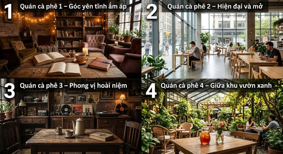 Bốn quán cà phê với bốn không gian khác nhau – từ ấm áp yên tĩnh, hiện đại tràn ánh sáng, hoài niệm cổ điển đến khu vườn xanh mát. Mỗi lựa chọn là một “cánh cửa” mở ra một kiểu cuộc gặp gỡ rất khác trong thời gian tới.