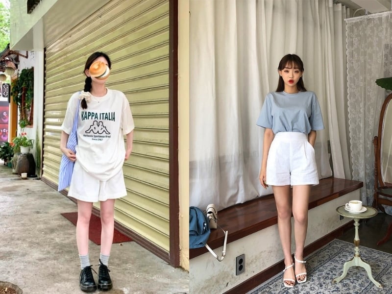 Kiểu áo rộng rãi khi kết hợp cùng quần short denim tạo cảm giác trẻ trung và phóng khoáng.