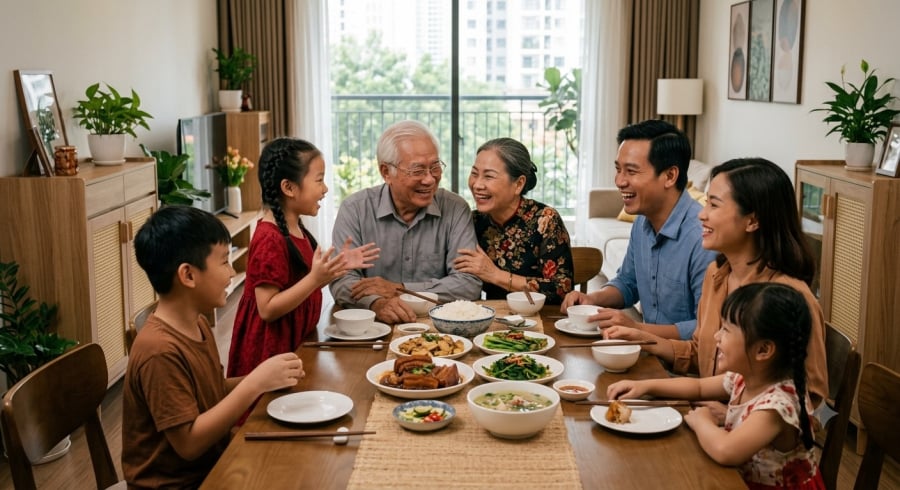 Những cuộc trò chuyện và bữa cơm sum họp thường mang lại niềm vui giản dị nhưng vô cùng ý nghĩa đối với người lớn tuổi.