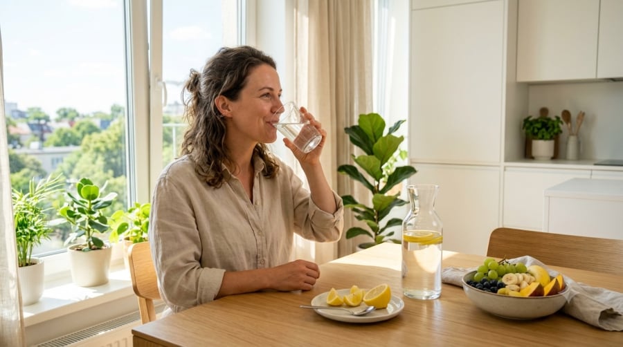 Uống một cốc nước sau khi thức dậy giúp cơ thể bù nước sau nhiều giờ nghỉ ngơi và hỗ trợ quá trình trao đổi chất.