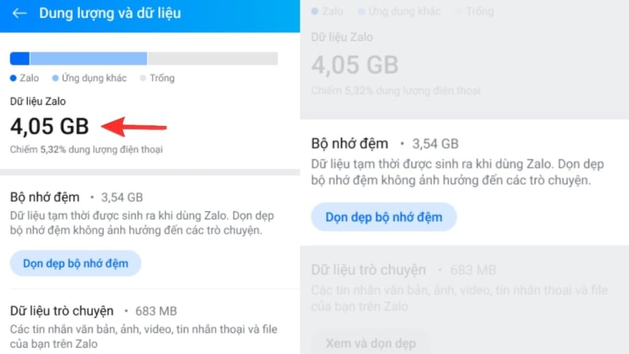 Sau khi kiểm tra dụng lượng dữ liệu của Zalo, bạn có thể tiến hành xóa bộ nhớ đệm.