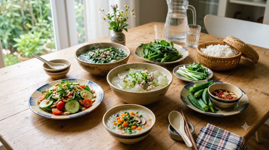 Các món ăn giàu nước như canh rau, bí đao, salad và cháo rau củ có thể góp phần hỗ trợ bổ sung nước cho cơ thể trong những ngày nắng nóng.