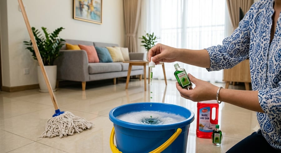 Chỉ cần pha vài giọt dầu gió vào nước lau nhà đúng liều lượng có thể giúp không gian sau khi dọn dẹp thơm mát, dễ chịu hơn.