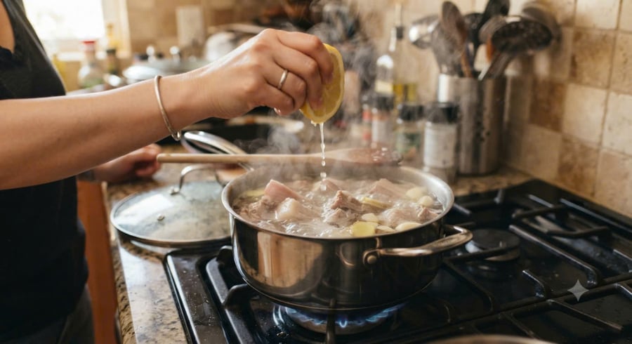 Vắt chút nước cốt chanh vào luộc thịt 
