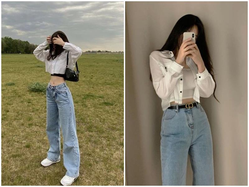 Một trong những cách phối đồ được yêu thích nhất chính là kết hợp quần jeans loe với áo sơ mi trắng.