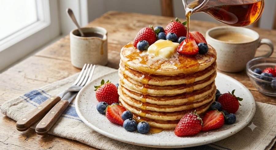 Bánh pancake mềm xốp với lớp vỏ vàng đều, ăn kèm bơ và mật ong tạo nên hương vị thơm béo, hấp dẫn cho bữa sáng.