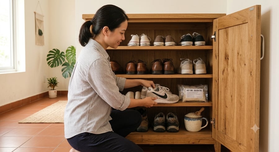 Để bảo quản giày dép hiệu quả, nên cất giày khi đã khô hoàn toàn, vệ sinh tủ định kỳ và thay gạo sau khoảng 2–4 tuần hoặc sớm hơn nếu gạo bị ẩm.