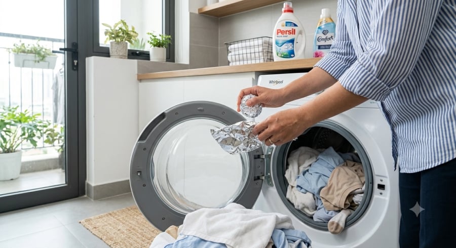 Vo tròn giấy bạc và cho vào lồng giặt là mẹo được nhiều người áp dụng để hỗ trợ giảm hiện tượng tích điện tĩnh trên quần áo.