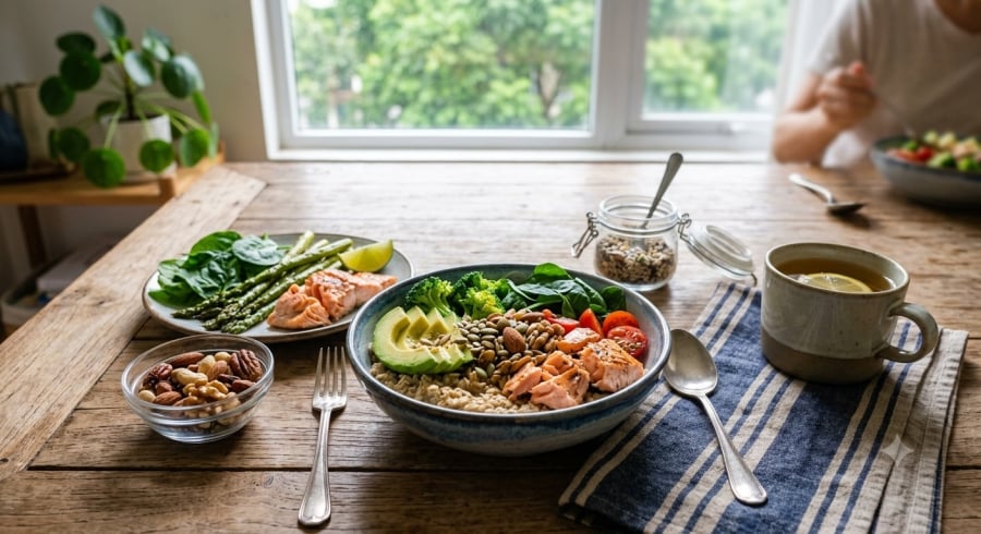 Bữa ăn lành mạnh với rau xanh, yến mạch, cá hồi, quả bơ và các loại hạt trên bàn ăn.