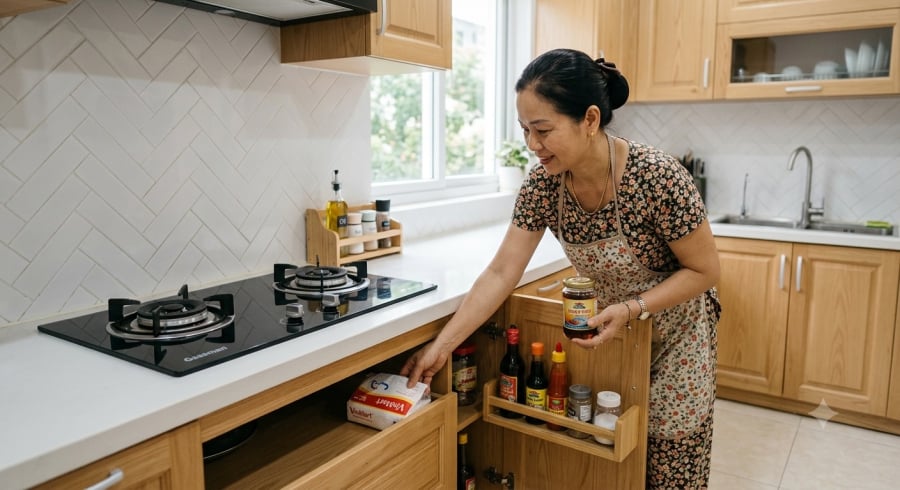 Sắp xếp đồ dùng đúng vị trí giúp căn bếp sạch sẽ, hạn chế nguy cơ cháy nổ và bảo quản vật dụng tốt hơn.