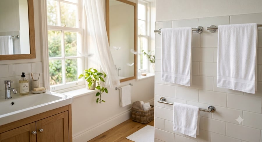 Treo khăn ở nơi thông thoáng và giữ khoảng cách giữa các khăn giúp hạn chế vi khuẩn, nấm mốc phát triển.