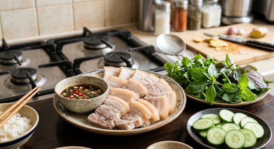 Thịt lợn luộc đúng cách có màu sắc đẹp, giữ được độ mềm, vị ngọt tự nhiên và không bị khô bã.