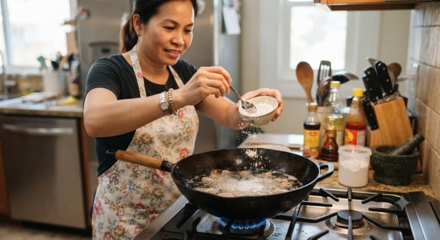 Nhiều đầu bếp chuyên nghiệp thường truyền tai nhau mẹo nhỏ: Rắc một ít bột năng hoặc bột mì vào chảo dầu trước khi chiên.