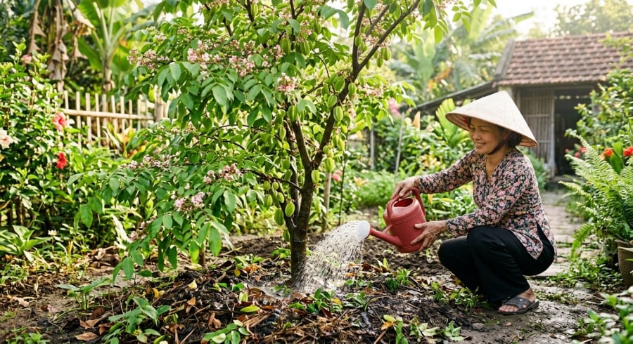 Tưới nước chậm và để nước thấm đều xuống vùng rễ giúp cây hấp thu độ ẩm hiệu quả, tạo điều kiện phát triển khỏe mạnh và tăng khả năng ra hoa, đậu quả.