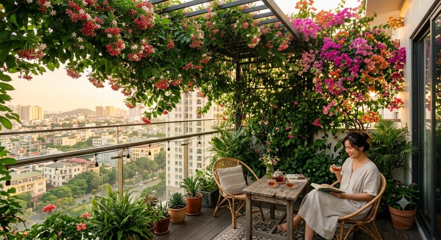 Trồng các loại cây chịu nắng như sử quân tử hay hoa giấy giúp giảm bức xạ nhiệt cho ban công hướng Tây, đồng thời tạo điểm nhấn thẩm mỹ cho ngôi nhà.