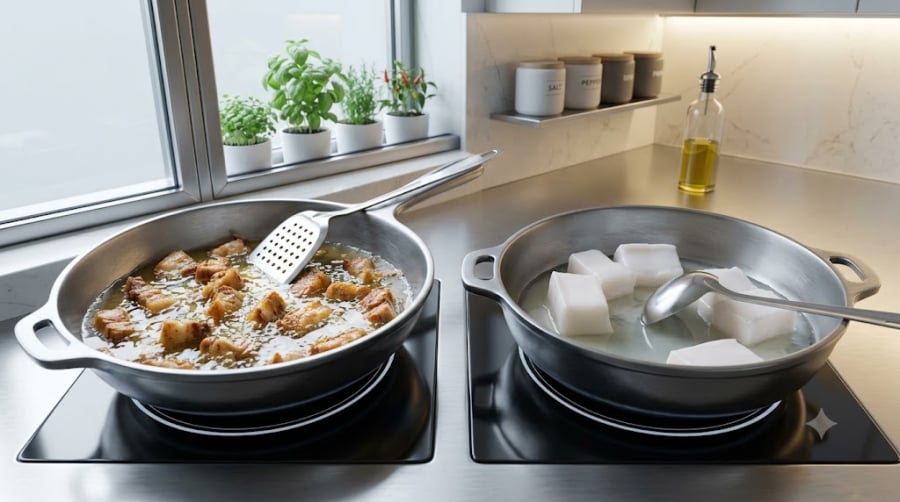 Mỡ lợn và dầu ăn có những đặc tính khác nhau nên tạo ra độ giòn và hương vị khác nhau cho món ăn