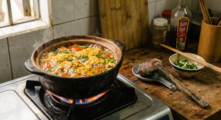 Không khuấy nhiều khi nước cua bắt đầu nóng là bí quyết giúp riêu kết thành mảng đẹp.