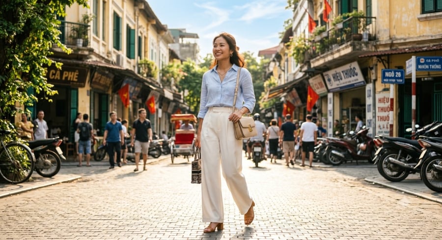 Quần trắng kem giúp tổng thể sáng hơn và dễ kết hợp với nhiều gam màu nhẹ.